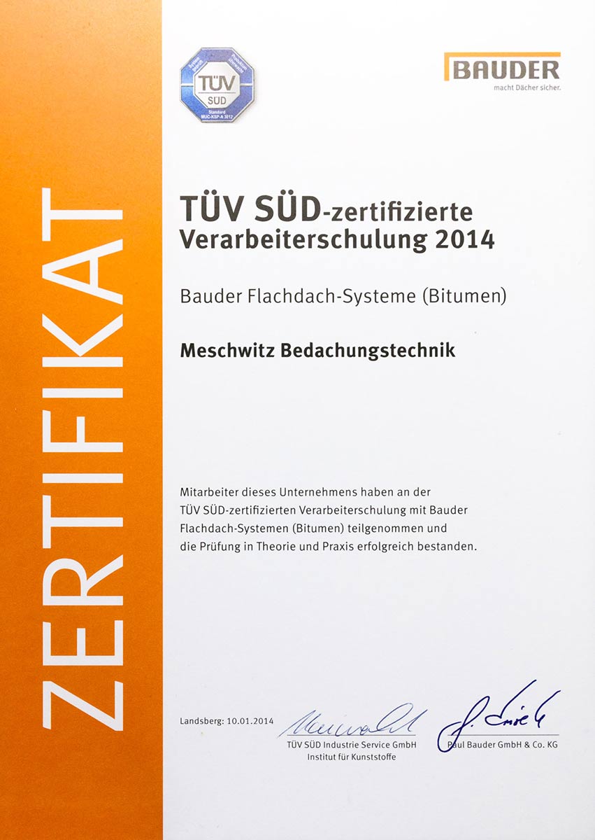 Zertifikat Bauder Flachdach Systeme