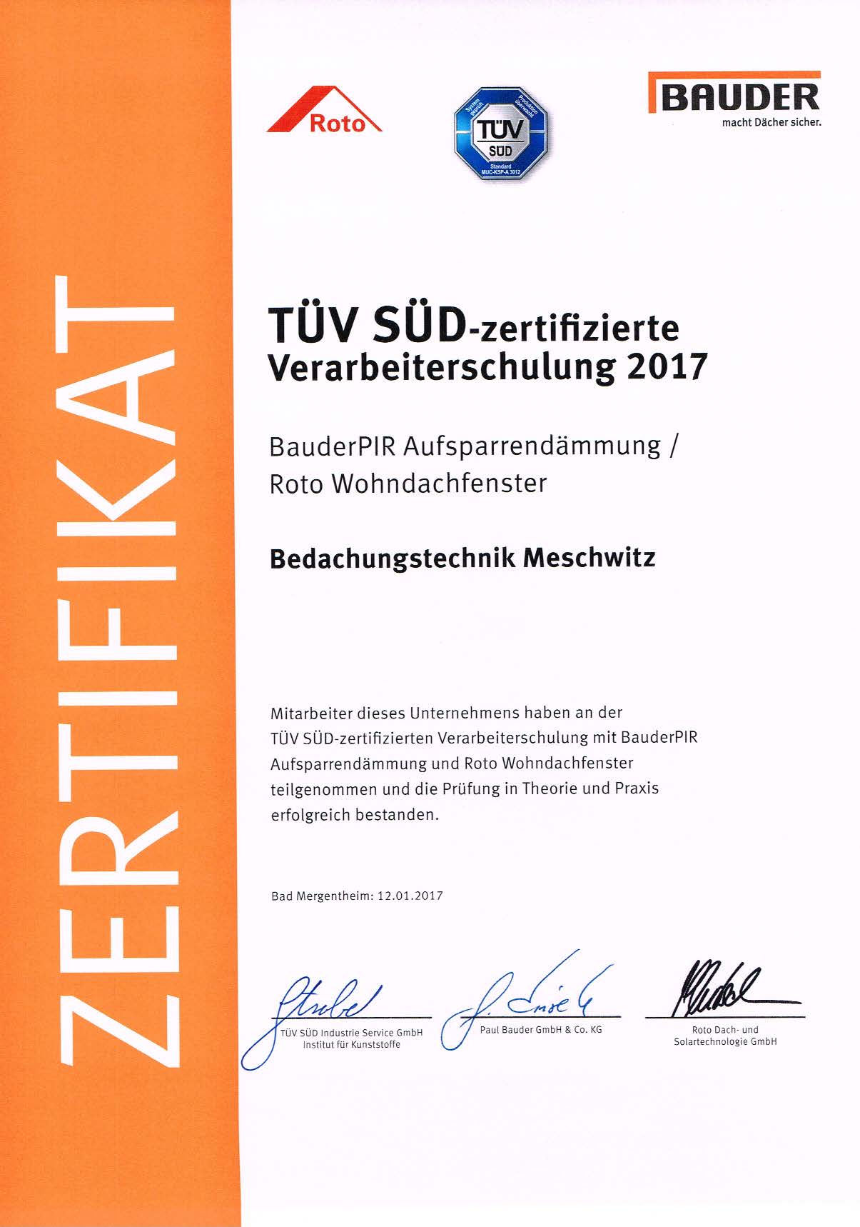 TÜV SÜD zertifizierte Verarbeiterschulung 2017 Roto