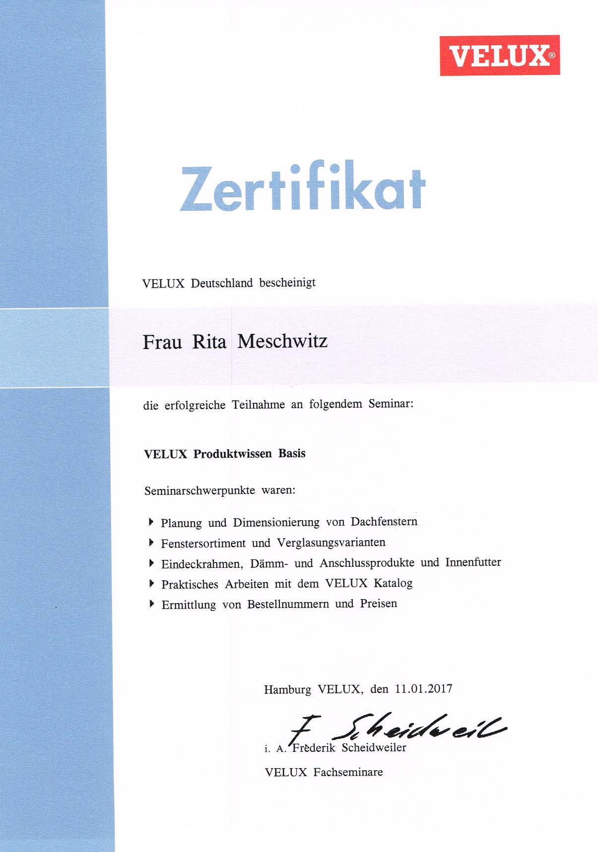 Zertifikat VELUX Deutschland Produktwissen Basis