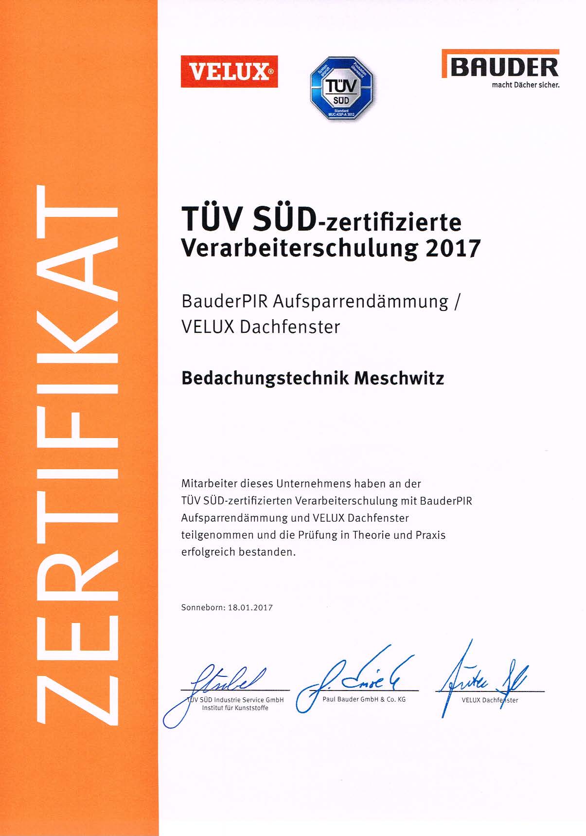 TÜV SÜD zertifizierte Verarbeiterschulung 2017 VELUX
