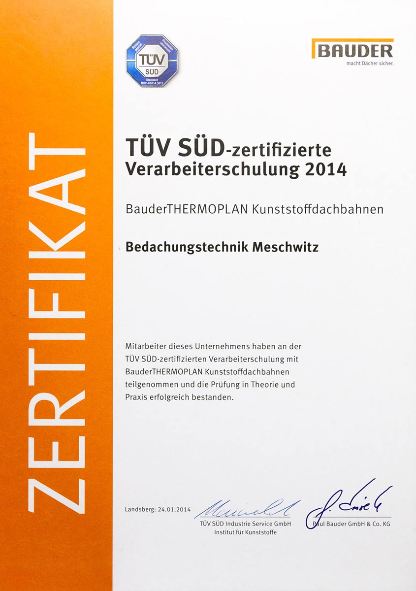 Zertifikat Bauder THERMOPLAN Kunststoffdachbahnen