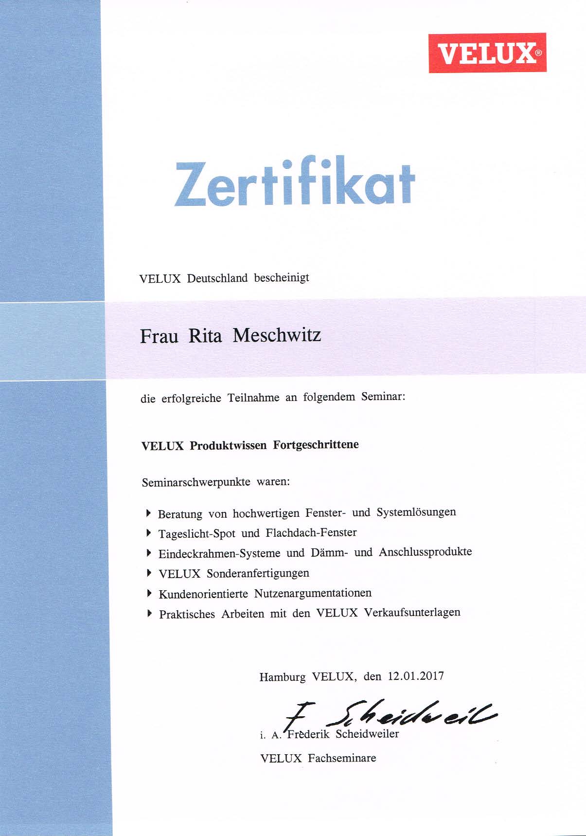 Zertifikat VELUX Deutschland Produktwissen Fortgeschrittene